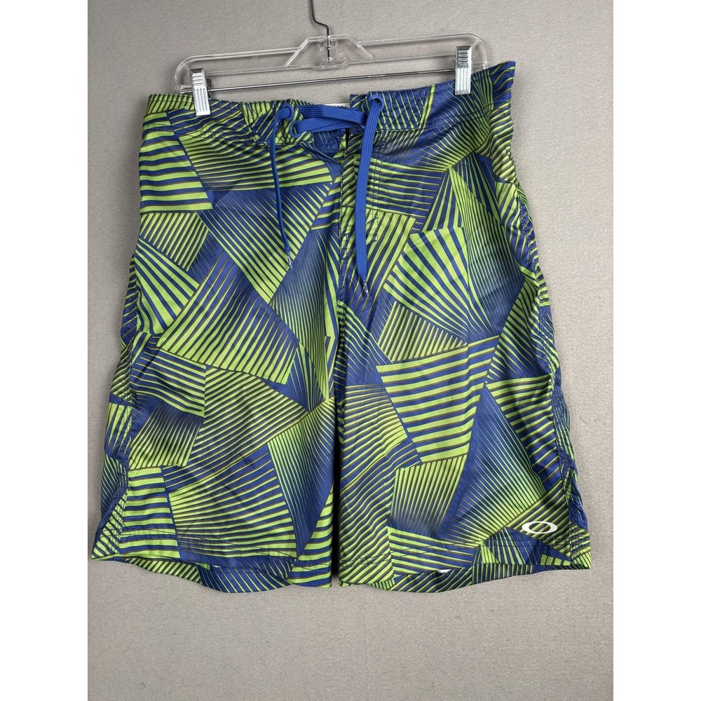 Oakley Board Shorts Mens 32 Blue Green Geometric Swim Trunks Drawstring Surf y2k